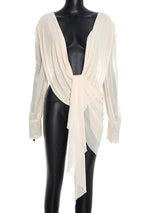 Beyprern Chic Y2K Aesthetic Plunging Neckline Mesh Top Female Draped Asymmetrical Long Sleeve Cover Up Blouse Night Out Clubwear