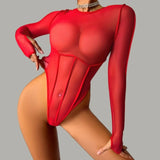 Red Exotic Bodysuits Tempted Fitting Lingeries Femme Ultra Hot Sexy See Through Mesh Splicing Crotchless Teddies Sissy Underwear