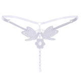 Butterfly Lace Pearl G-String Thong Adjustable Strap Hollow Out T Back Panty Adult Women Seductive Decorative Pearl Intimate
