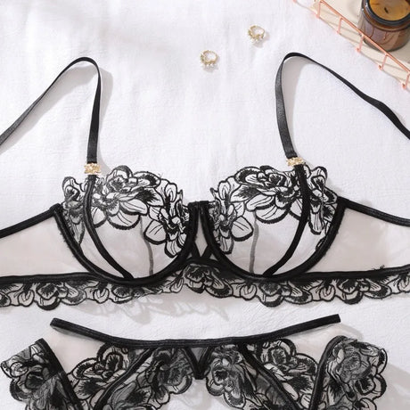 Women's Burgundy Lace Lingerie Set Underwire Bra Thong Panty Garter Straps Stockings Floral Embroidery Sexy Underwear Outfit