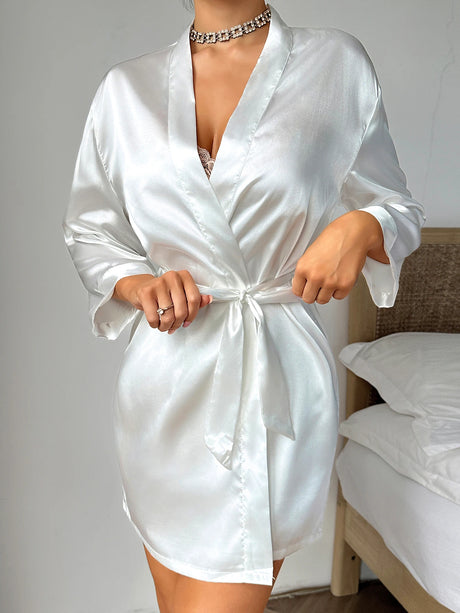 Women's elegant silk lace trimmed pajama set Comfortable robe with sexy nightdress
