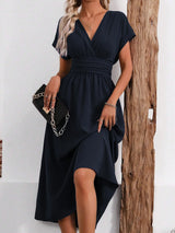 Dresses 2025 Woman Summer Solid-Color V-Neck Batwing-Sleeve Pleated Long Elegant Dress Woman Clothing Tops Skirts Y2k Clothes