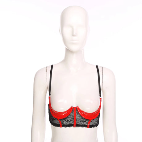 Womens Sexy Open Cup Underwired Bra Patent Leather See-through Floral Lace Brassiere Exposed Nipple Lingerie Underwear Nightwear