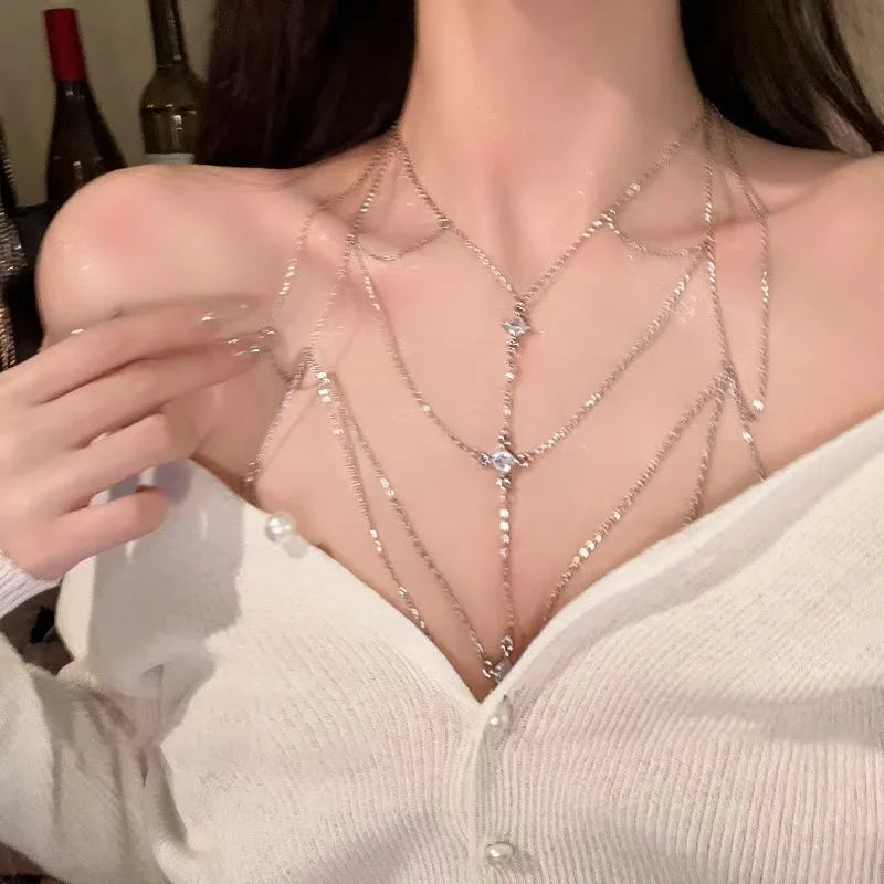 Fashion Square Zircon Chest Chain for Women Personalized Sexy Multi Layer Chain Tassel Body Chain Beach Bikini Jewelry Gift