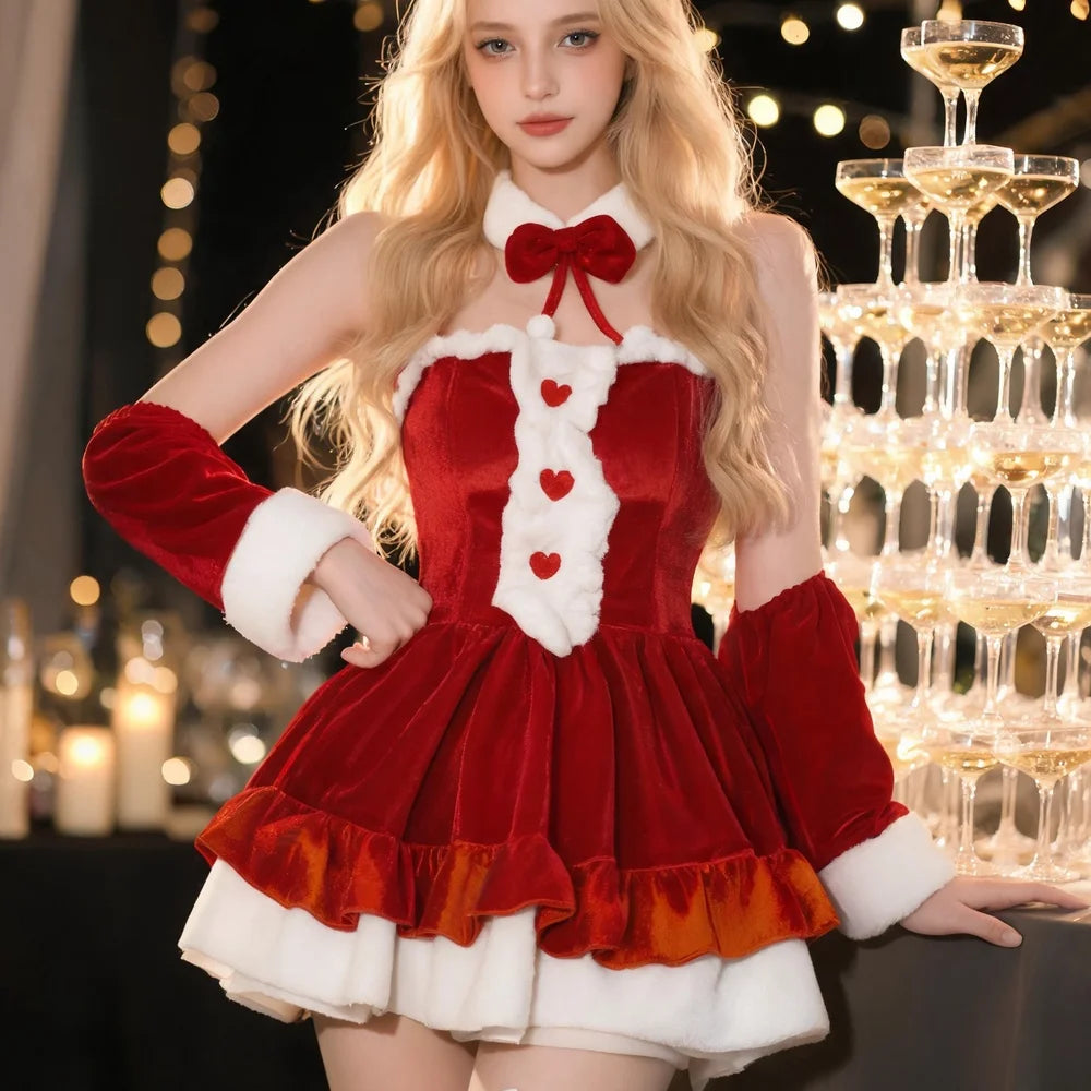 Women's Christmas Santa Mini Dress Red Ruffle Hem White Fluffy Trim Heart Detail Festive Holiday Party Costume