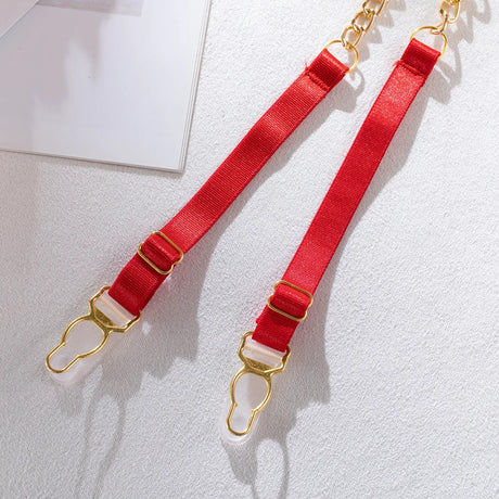 Red Bondage Lingerie Set Women Gold Chain Lace Harness Unlined Underwire Bra Garter Belt Thigh Rings Gothic Punk Exotic Apparel