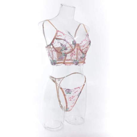 Floral Lingerie Set PushUp Bra Thong Sheer Mesh Underwear Breathable Lace Bralette Kits for Women