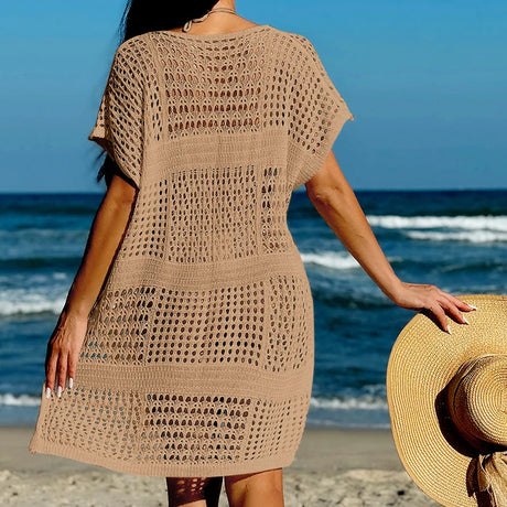 Knitting V-Neck Sexy Hollow Out Beach Bikini Cover-Ups Ladies Summer Vacation Casual Loose Beachwear Sunscreen Smock