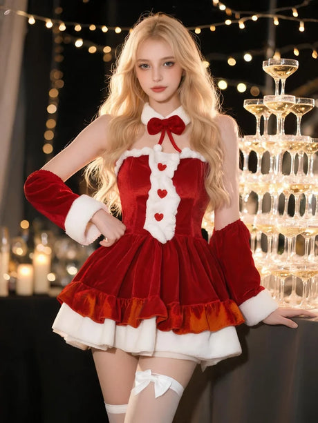 Women's Christmas Santa Mini Dress Red Ruffle Hem White Fluffy Trim Heart Detail Festive Holiday Party Costume