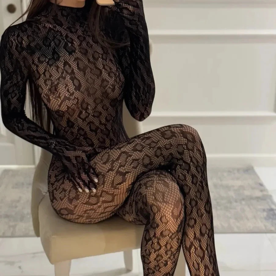 Toucheart Erotic Mesh Bodysuit Leopard Print Hollow Out Sexy Uniform Women Body Shaping See-through Seductive Hot Flirt Bodysuit