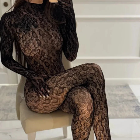 Toucheart Erotic Mesh Bodysuit Leopard Print Hollow Out Sexy Uniform Women Body Shaping See-through Seductive Hot Flirt Bodysuit
