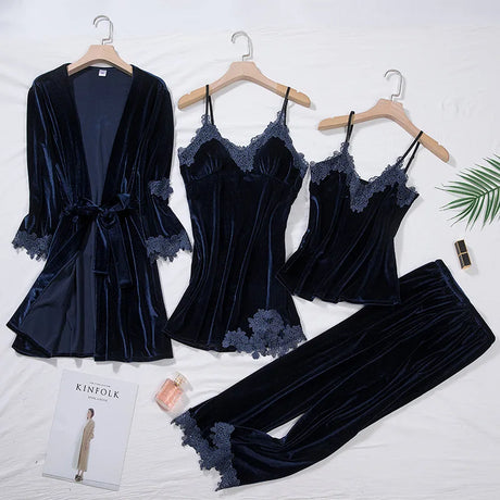 TOP Casual Velour Home Clothing 4pcs Sleep Set Intimate Lingerie Women Pajamas Suit Long Sleeve Lace Velvet Homewear Pyjamas Set