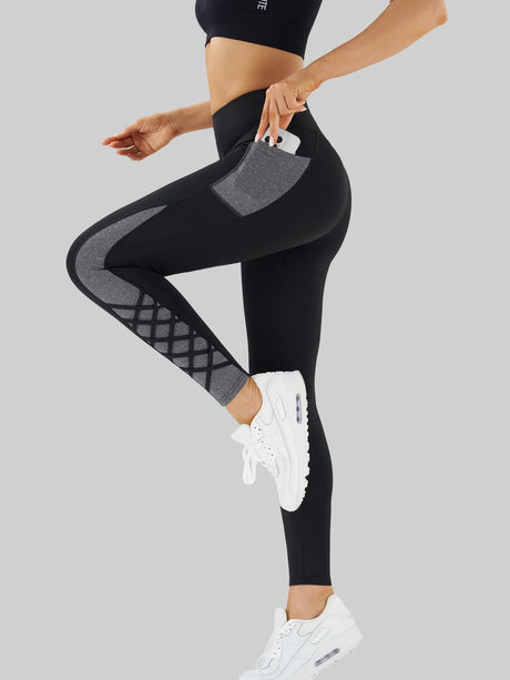 Contrast Geometric Print Pocket Yoga Leggings for Women, High Waist Compression Workout Gym Fitness Trousers