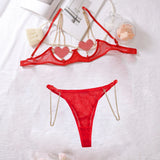 Women Red Rhinestone Heart Lingerie Set with Underwire Bra High Waist Garter Belt Thong and Long Gloves Party Outfit