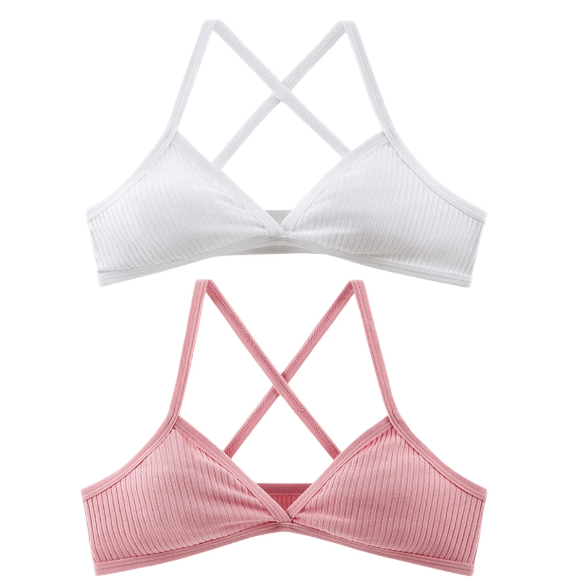 2Pcs/Set Ribbed Cross Back Triangle Bralette Set Women Spaghetti Strap Breathable Daily Bra Wireless Casual Daily Lingerie S-L