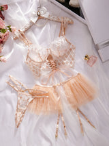 2026 Hot Sales New Fashion Diamond Lattice Embroidery Sexy Women'S Underwear Three-Piece Strappy Mesh Tutu Erotic Bra Thong Set