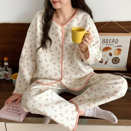 Thickened Air Cotton Sleepwear Set for Women Autumn Winter Polka Dot Home Clothes Korean Style Cute Girl Long Sleeve V-Neck