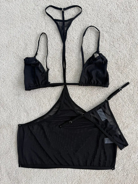 Tornova Erotic Bodysuit Perspective Hollow Sexy Suit Women's BlackMesh Jumpsuit Sexy Suspender Private Underwear Three-piece Set