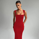 Hugcitar Women Elegant Solid Square Collar Straps Sexy Bodycon Maxi Prom Dress Summer Women Y2K Clothes Evening Party Birthday