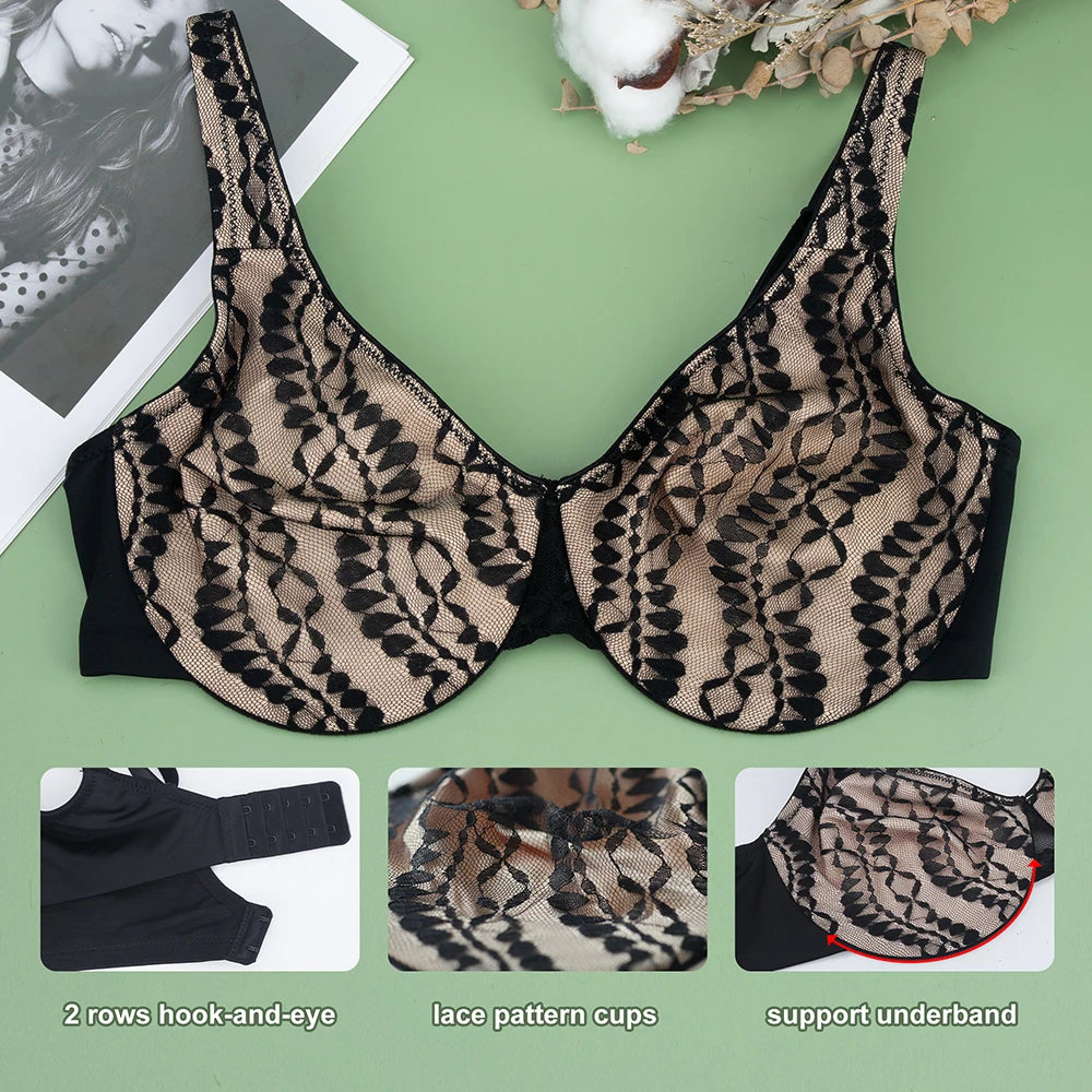 Sheroine Sexy Plus Size Minimizer Bra, Lace Underwire Non-Padded Lingerie for Women Lifting Support Comfort