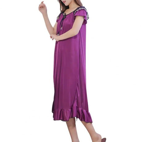 Satin Pajama Dress Women Lounge O-Neck Lace-up Short Sleeve Thin Sleeping Dress Ruffle Hem Summer Nightdress