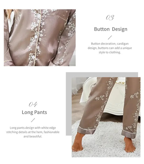 Women Satin Pajama Casual Sleepwear Home Clothes Suit Autumn Long Sleeve Button Up Top & Pants Nightwear Loungewear Pyjama Femme