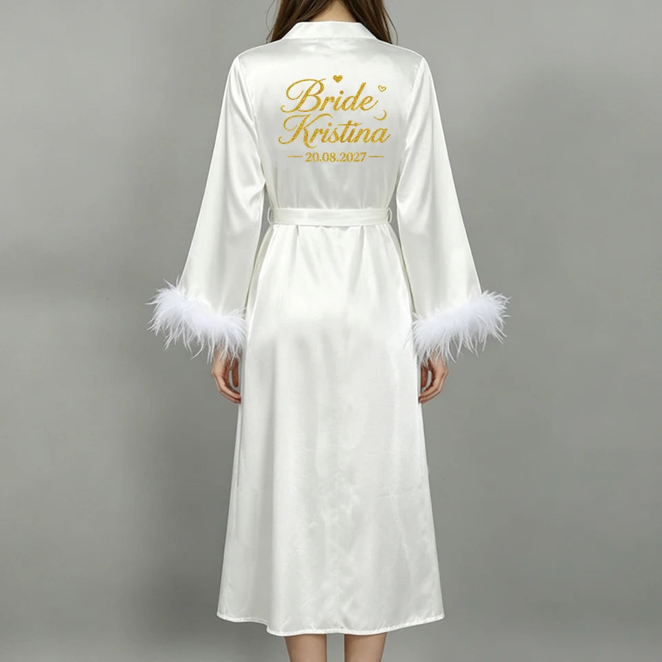 Custom Name Bride Robe Satin Feather Bridesmaid Robes Personalized Wedding Morning Gown Bachelorette Party Bathrobe