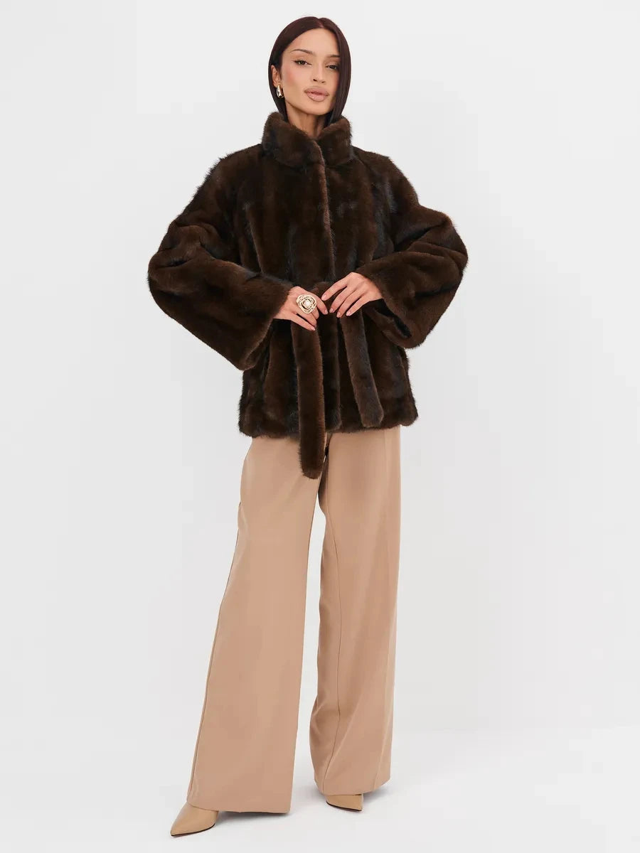 2026 Autumn Winter Women Faux Mink Fur Coat Lapel Collar Belted Long Jacket Luxury Fluffy Outerwear Brown