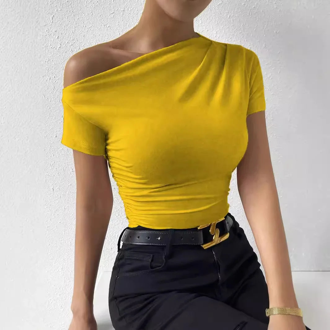 2026 New Women's Off-Shoulder Pleated Top Summer Y2K Sexy Crew Neck Short Sleeve Fashionable Elegant Slim-Fit Top