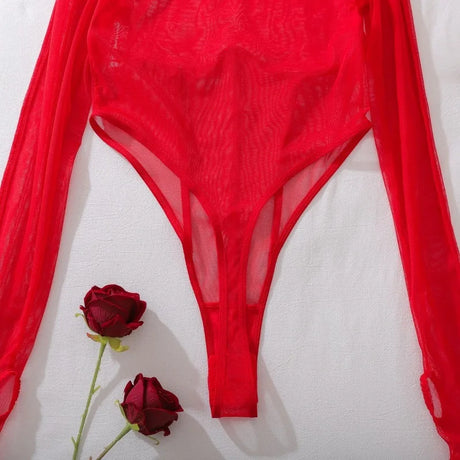 Red Exotic Bodysuits Tempted Fitting Lingeries Femme Ultra Hot Sexy See Through Mesh Splicing Crotchless Teddies Sissy Underwear