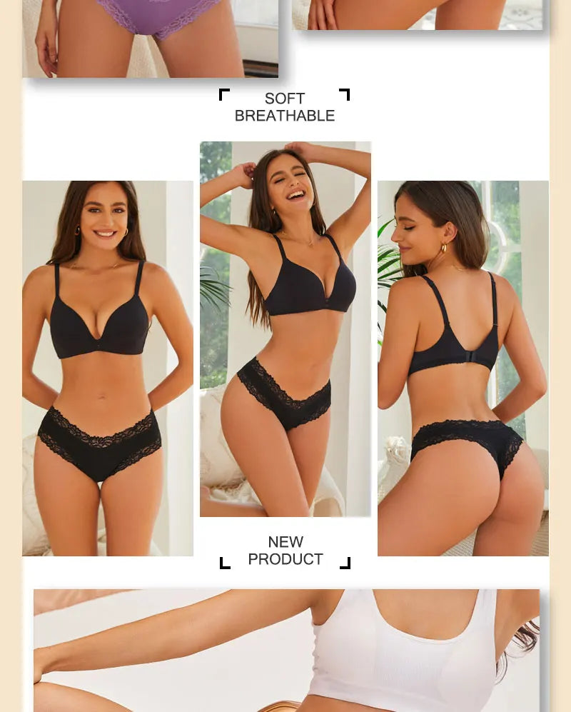 3PCS/Set Sexy Lace Seamless Cotton Brazilian Panties Women Ribbed Intimates Breathable Panties Low Waist Female Cotton Underwear