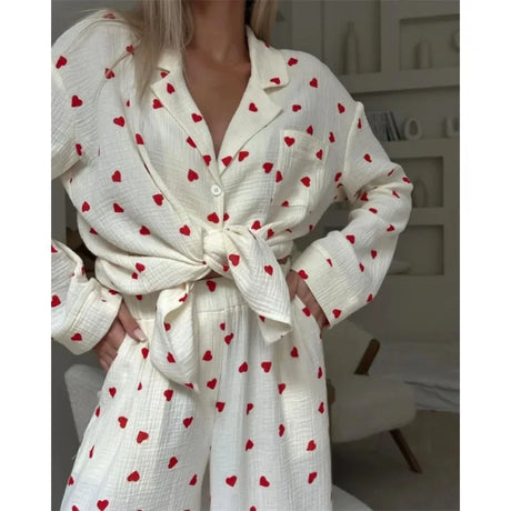 Summer New Love Heart Print Pyjama 100% Cotton Long Sleeve Set 2Pcs Outfit Lapel Sleepwear Button Down Women's Pajamas Nightwear
