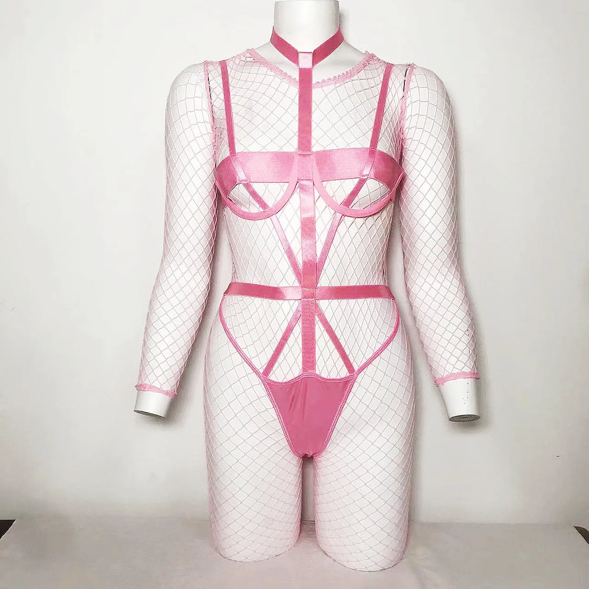 Long Sleeve Fishnet Crotchless Bodysuit Open Cup Harness Sheer Mesh Full Body Stocking Lingerie Catsuit Women Black Pink