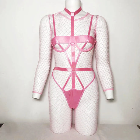 Long Sleeve Fishnet Crotchless Bodysuit Open Cup Harness Sheer Mesh Full Body Stocking Lingerie Catsuit Women Black Pink
