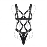 Women's PVC Faux Leather Glitter Cupless Crotchless Halter Teddy Bodysuit Lingerie