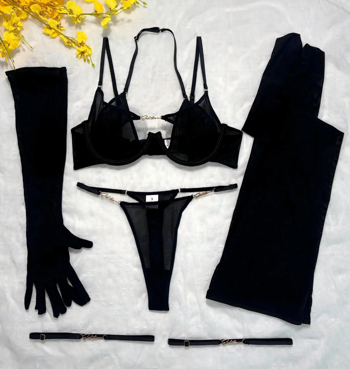 Tornova Erotic Lingerie New Mesh See-through Sexy Hollow Chest + Metal Decoration with Gloves and Stockings Sexy Underwear Set