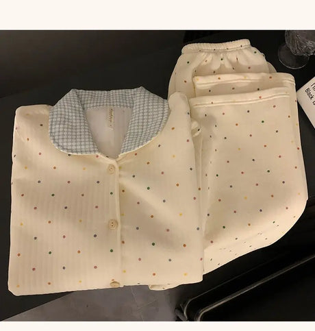 Thickened Air Cotton Sleepwear Set for Women Autumn Winter Polka Dot Home Clothes Korean Style Cute Girl Long Sleeve V-Neck