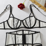 Women's Black White Contrast Strappy Lingerie Set 4PCS Underwire Bra Waist Cincher Garter Belt Thong Thigh Cuffs Sexy Intimate