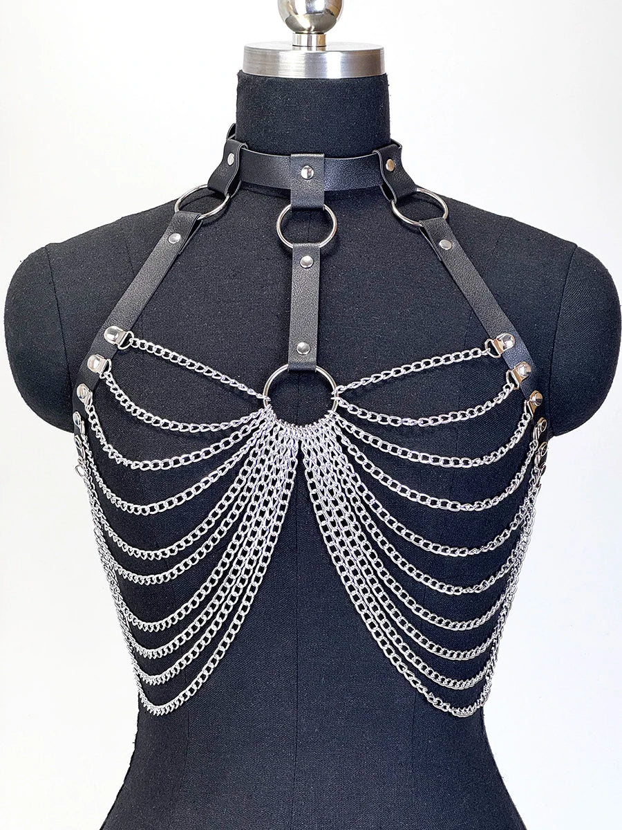 Women Gothic PU Leather Chest Harness Belt with Chain Bra Strap Adjustable Punk Y2K Body Harness Festival Layering Accessory