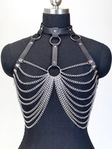 Women Gothic PU Leather Chest Harness Belt with Chain Bra Strap Adjustable Punk Y2K Body Harness Festival Layering Accessory