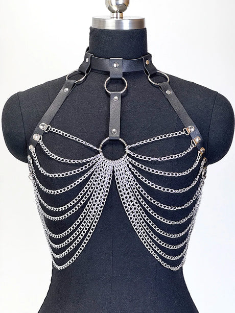 Women Gothic PU Leather Chest Harness Belt with Chain Bra Strap Adjustable Punk Y2K Body Harness Festival Layering Accessory