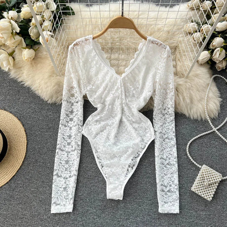 Sexy Mesh Lace Bodysuit  Fashion Long Sleeve V-neck One Piece Basic Hotsweet Women Print Gothic Slim  Streetwear Jumpsuit Ins