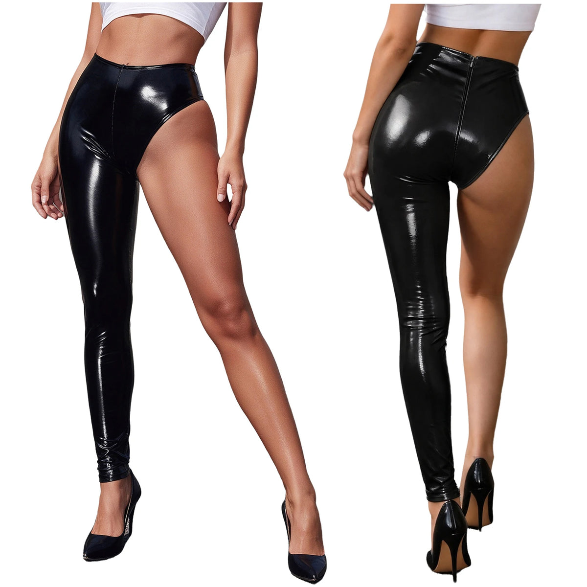 Womens Patent Leather Single-leg Pants Clubwear Glossy High Waist Leggings Tights Trousers for Rave Nightclub Party Pole Dance