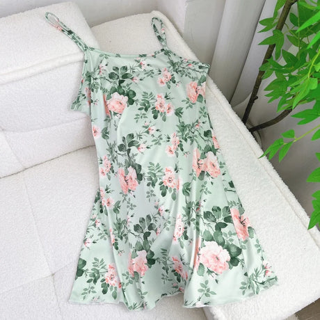 Summer Women Satin Sleepdress Cute Teddy Bear Butterfly Heart Floral Pinting Sleepwear Ladies Sexy Sling Ruffled Hem Loungewear
