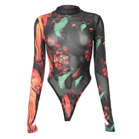 Fashion Tie Dye Printing One-Piece Romper Sexy Women Long Sleeve Bodysuits Streetwear Y2k Bottoming Tops Clubwear O-Neck T-Shirt