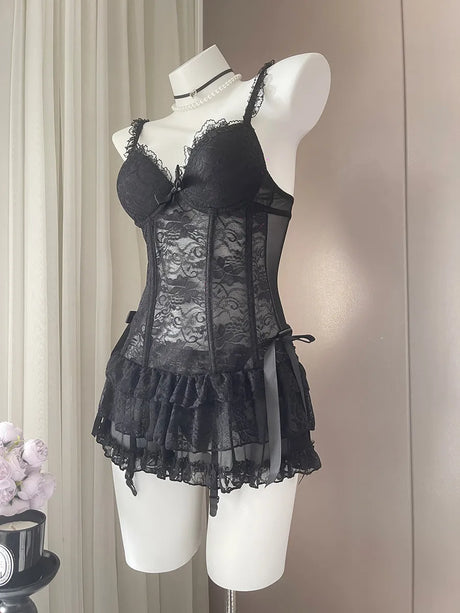 French Sexy Lace Nightdress Summer Women's Corset Gather Suspenders Pajamas with Chest Pads See Through Mesh Lace Loungewear