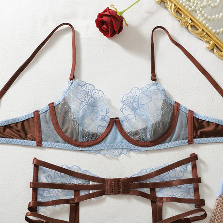 Diccvicc Women's Blue Lace Lingerie Set Brown Underwire Bra Garter Belt Thong Stockings See Through Hot Luxury Fashion Underwear