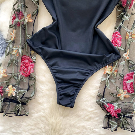 SINGREINY Vintage Embroidery Gauze Sexy Bodysuits Stand Collar Long Sleeve Playsuits Fashion Spliced Women Open crotch Rompers
