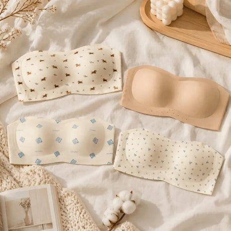 Lingerie Invisible Strapless Tube Bra Puppy Printed Anti-sagging Women's Underwear Wireless Push Up Bra Women