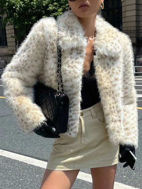 LIMO Women Lapel Leopard Print Faux Fur Jacket Cropped Fluffy Plush Open Front Outerwear
